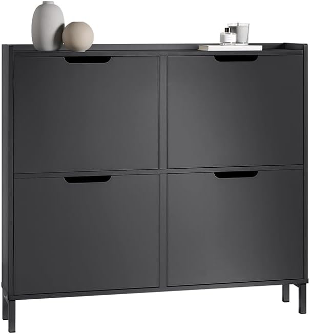 SoBuy Schuhschrank Schmal mit 4 Klappen platzsparender Schuhkipper Hoch Kommode mit 4 Ablagen Schuhregal geschlossen Flurschrank für Diele, Flur, Garderobe 100x91x19cm Schwarz FSR100-SCH