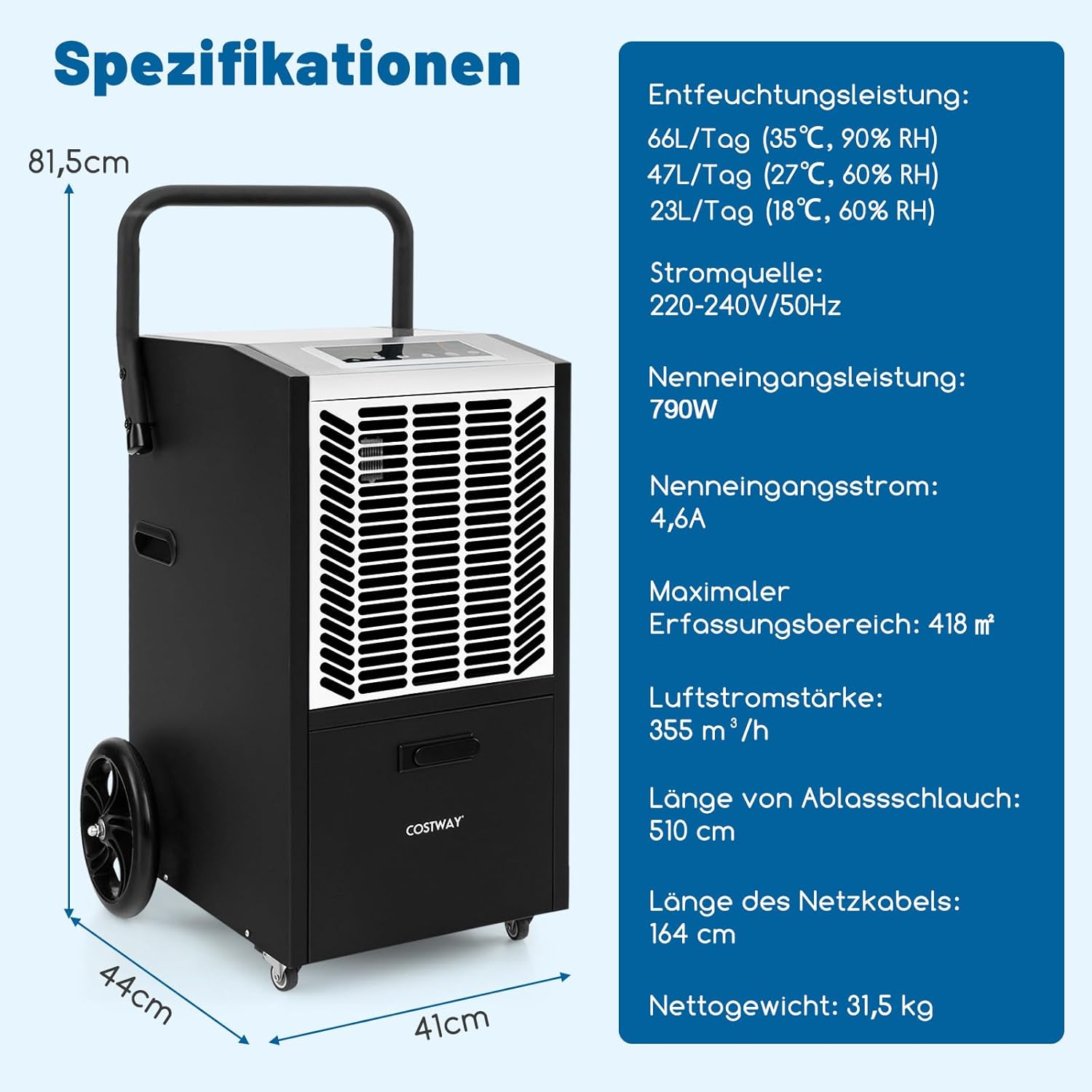 COSTWAY 66 L/Tag Luftentfeuchter, Bautrockner mit Pumpe & Ablaufschlauch, Industrie Trocknungsgerät mit 24H Timer & 4 Rädern für Keller, Lager, Baustelle (schwarz und weiß)