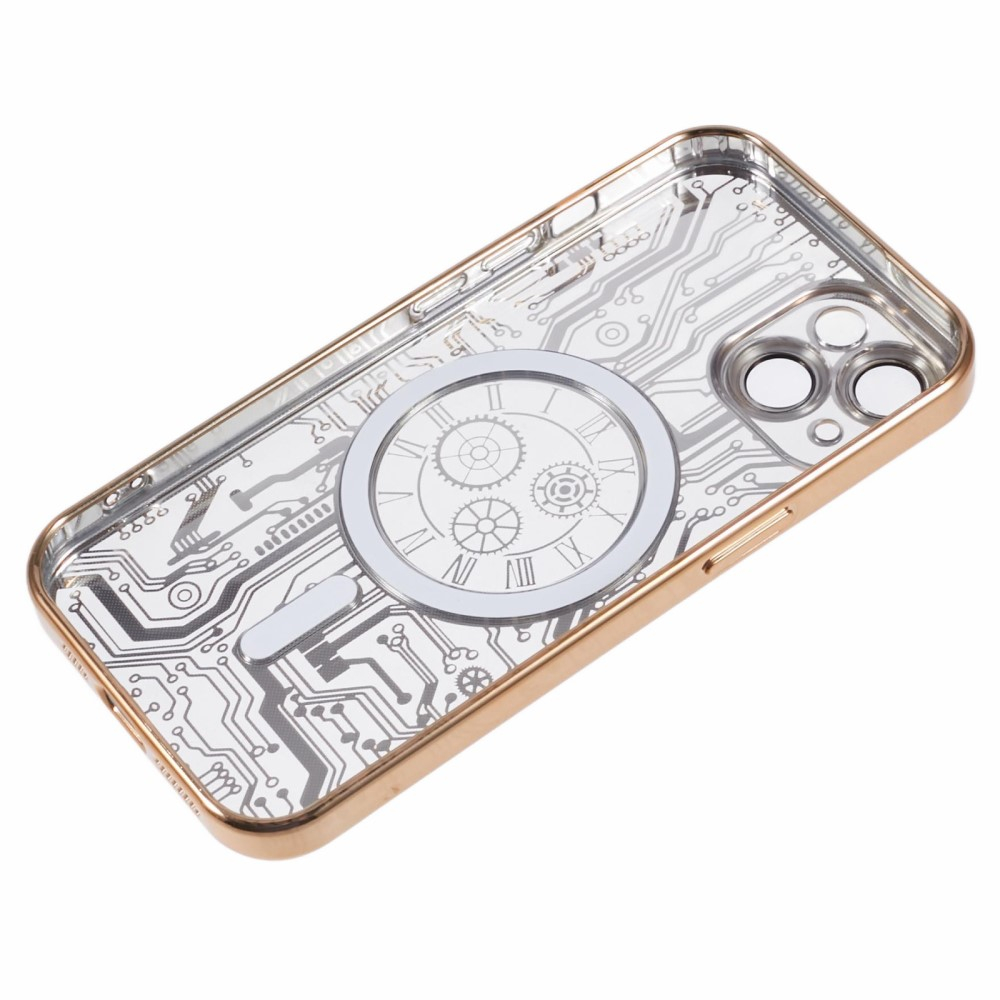 iPhone 15 MagSafe Gummi Case Hülle Galvanisierter Rahmen im Mechanischen Zahnrad Design   Kameraglasschutz - Gold