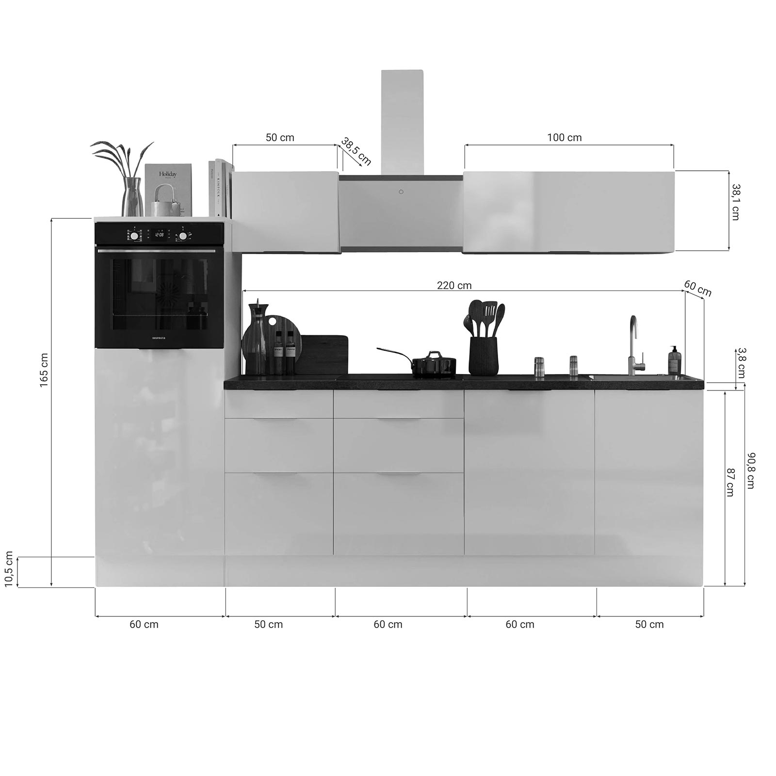 RESPEKTA Küchenblock - weiß Hochglanz - Artisan Eiche - mit E-Geräten - 280 cm