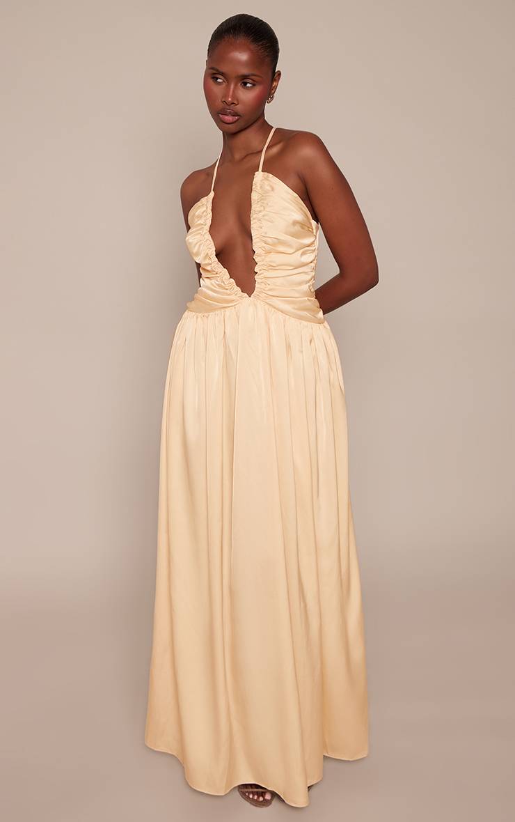 Citron Robe Longue Satinée Col Licou Avec Détail Froncé