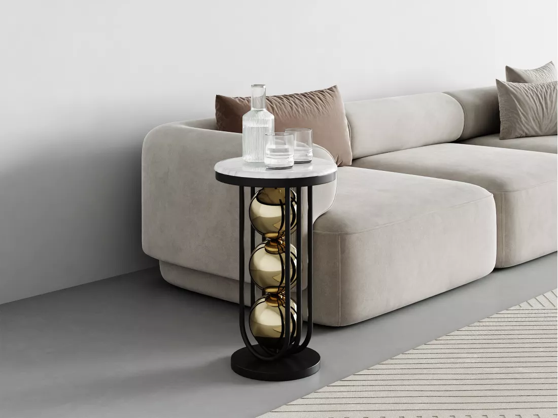 Table d'appoint en marbre et métal - Blanc, noir et doré - NAYELI