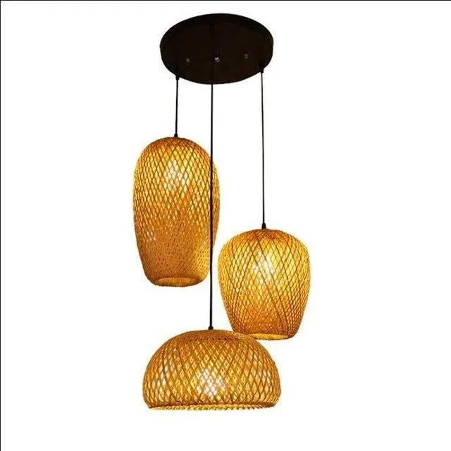 Bamboo Hanging Ceiling Lamp 3 Set | Handmade Wooden Ratten Lighting For Home Decoration