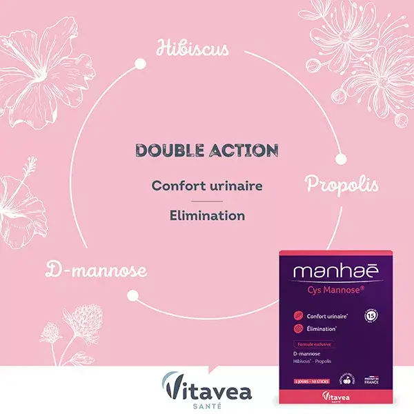 Manhaé Cys Mannose - Confort urinaire - Hibiscus, D-mannose - 10 sticks - 5 jours