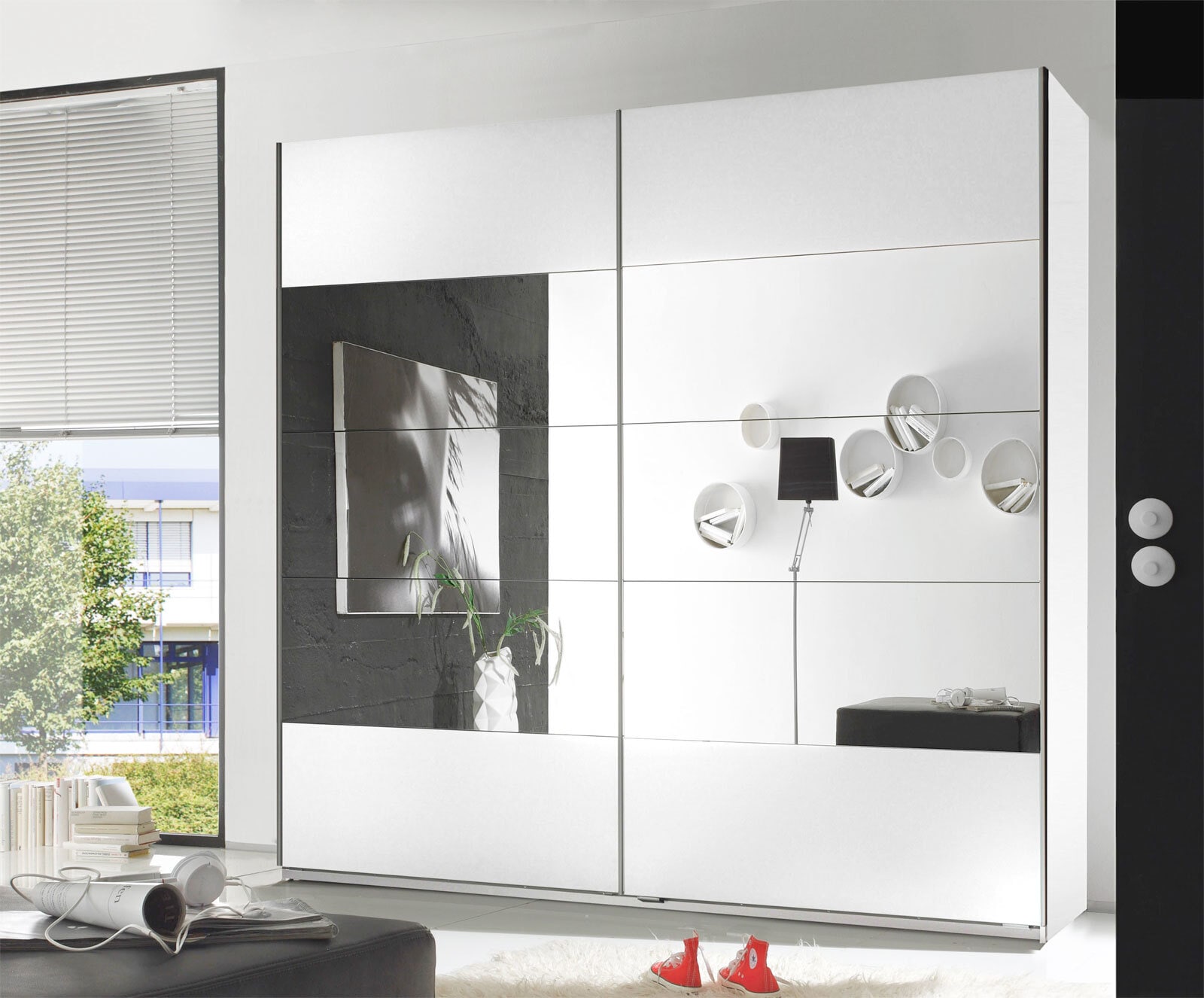 Schwebetürenschrank Penta 4 215x210x60 cm Weiß/Spiegel
