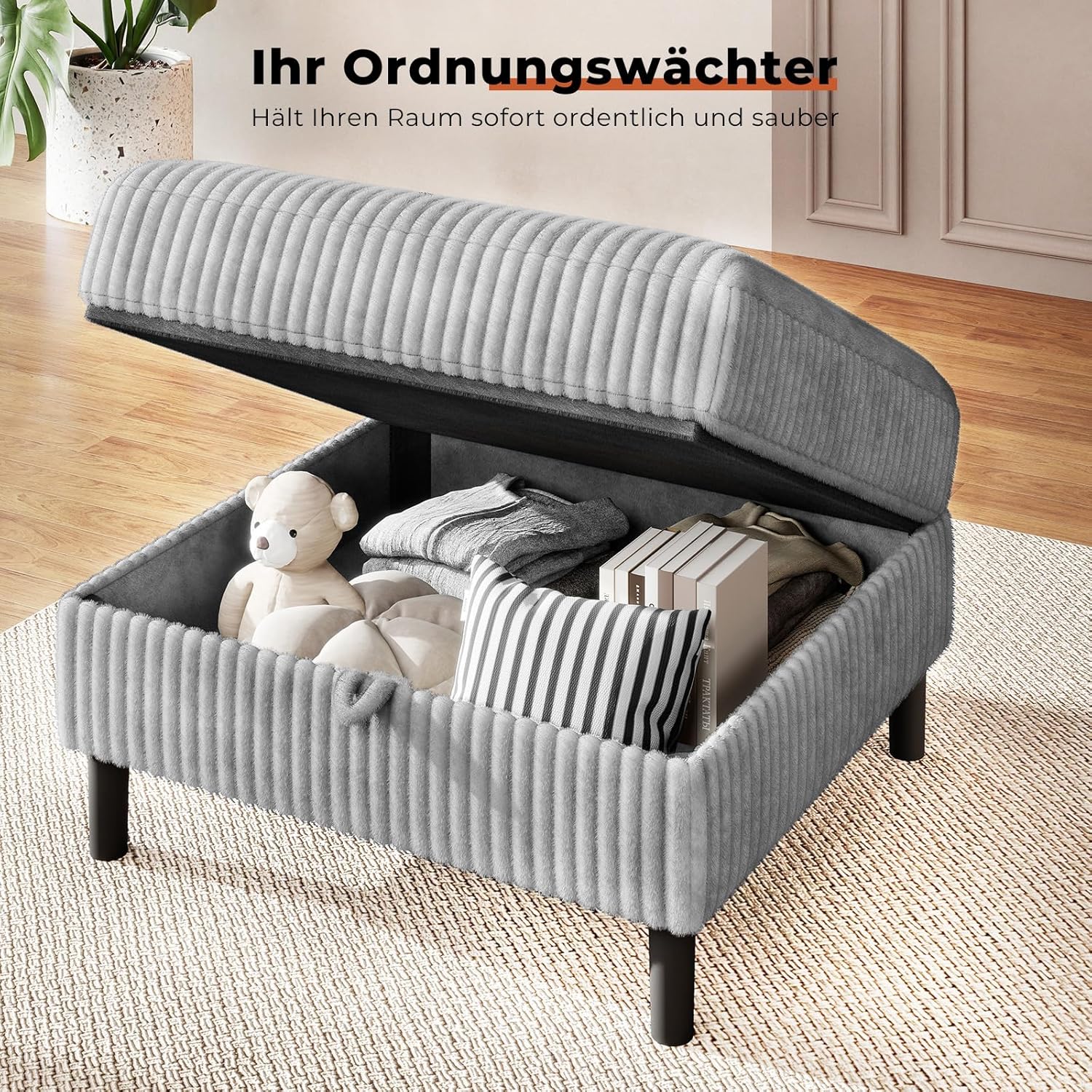 200cm Sofa 3 Sitzer L Form mit Verstellbarer Aufbewahrungs-Hocker, Ecksofa mit Schlaffunktion, Modulares Sofa, Cordcouch, Holzrahmen, tiefer Sitz, Ideal für Wohnzimmer, Grau