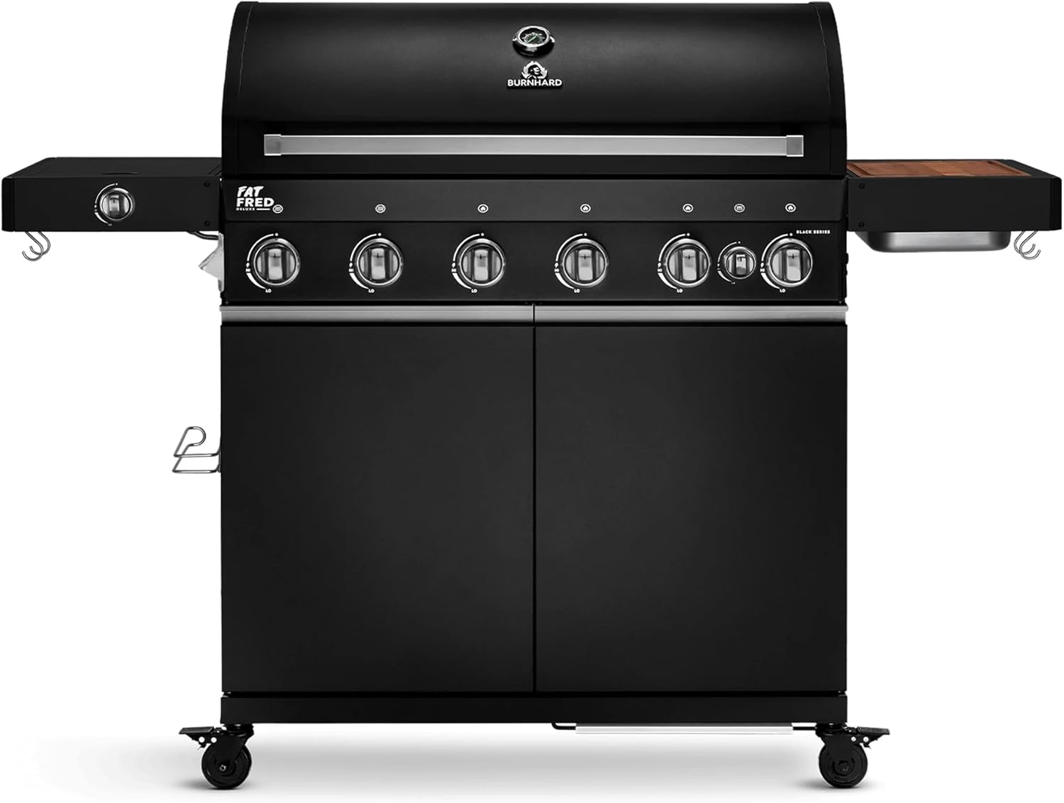 BURNHARD® Gasgrill 6-Brenner inkl. BACKBURNER, 900°C Infrarot-Keramikbrenner, Seitenkochfeld, Gusseisen-Grillrost, Grillabdeckung, Grillwagen, klappbare Seitentische, Schwarz – Fat FRED Deluxe