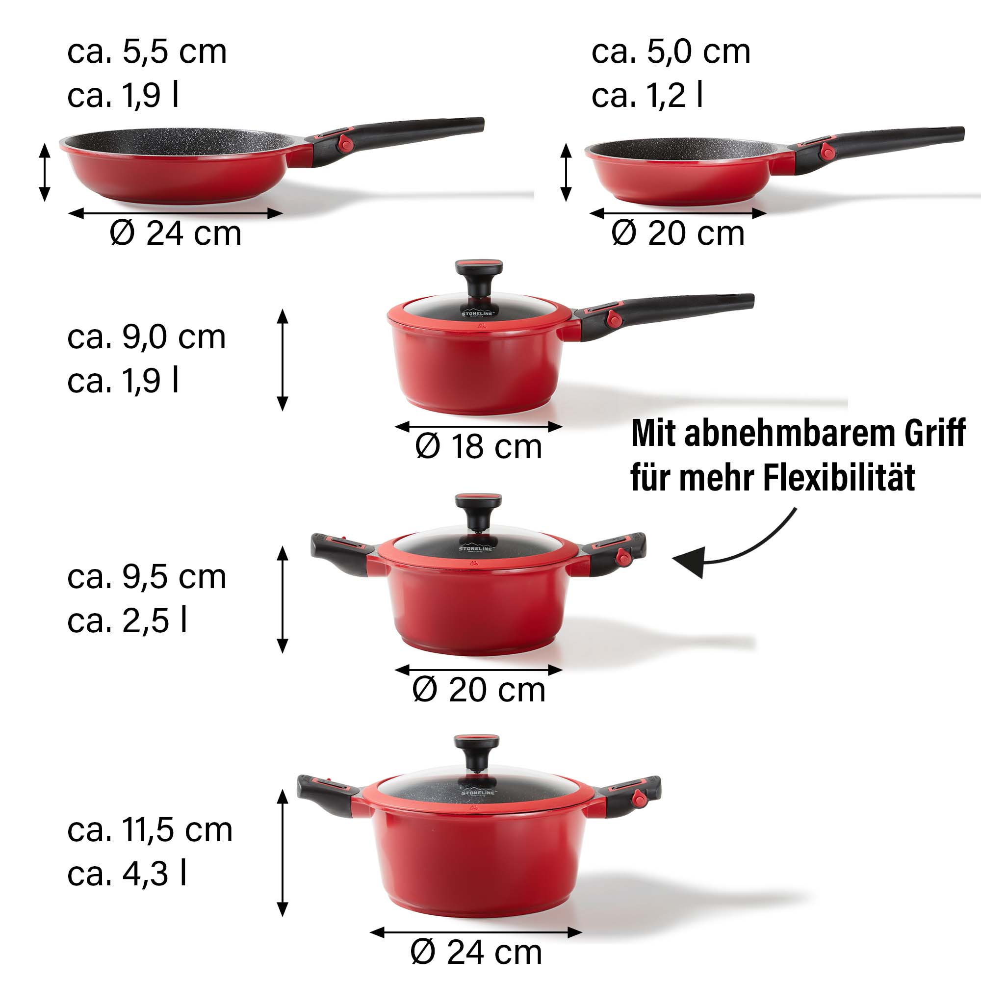 STONELINE® Imagination PLUS Kochgeschirr-Set, 8-tlg., mit abnehmbaren Griffen, rot