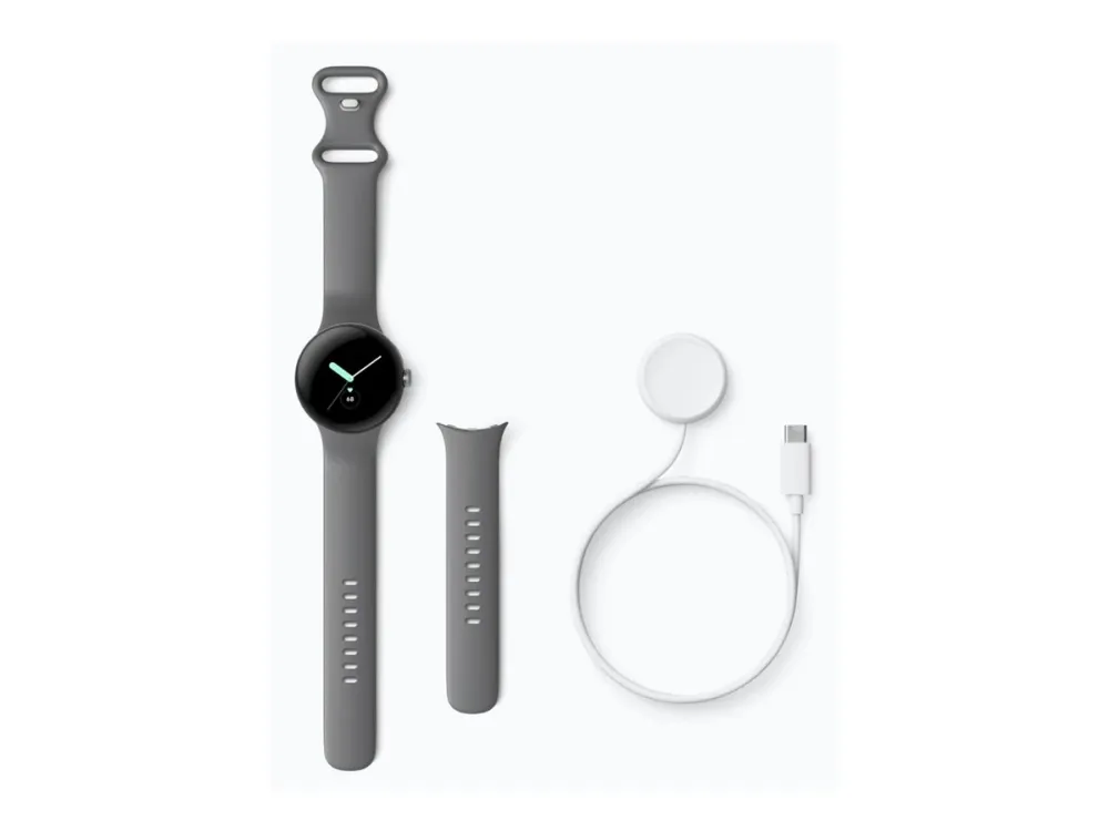 Google Pixel Watch - 41 mm - poleret sølv - smart ur med aktivt bånd - fluoroelastomer - trækul - båndstørrelse: L - 32 GB - Wi-Fi, LTE, NFC, Bluetooth - 4G - 36 g