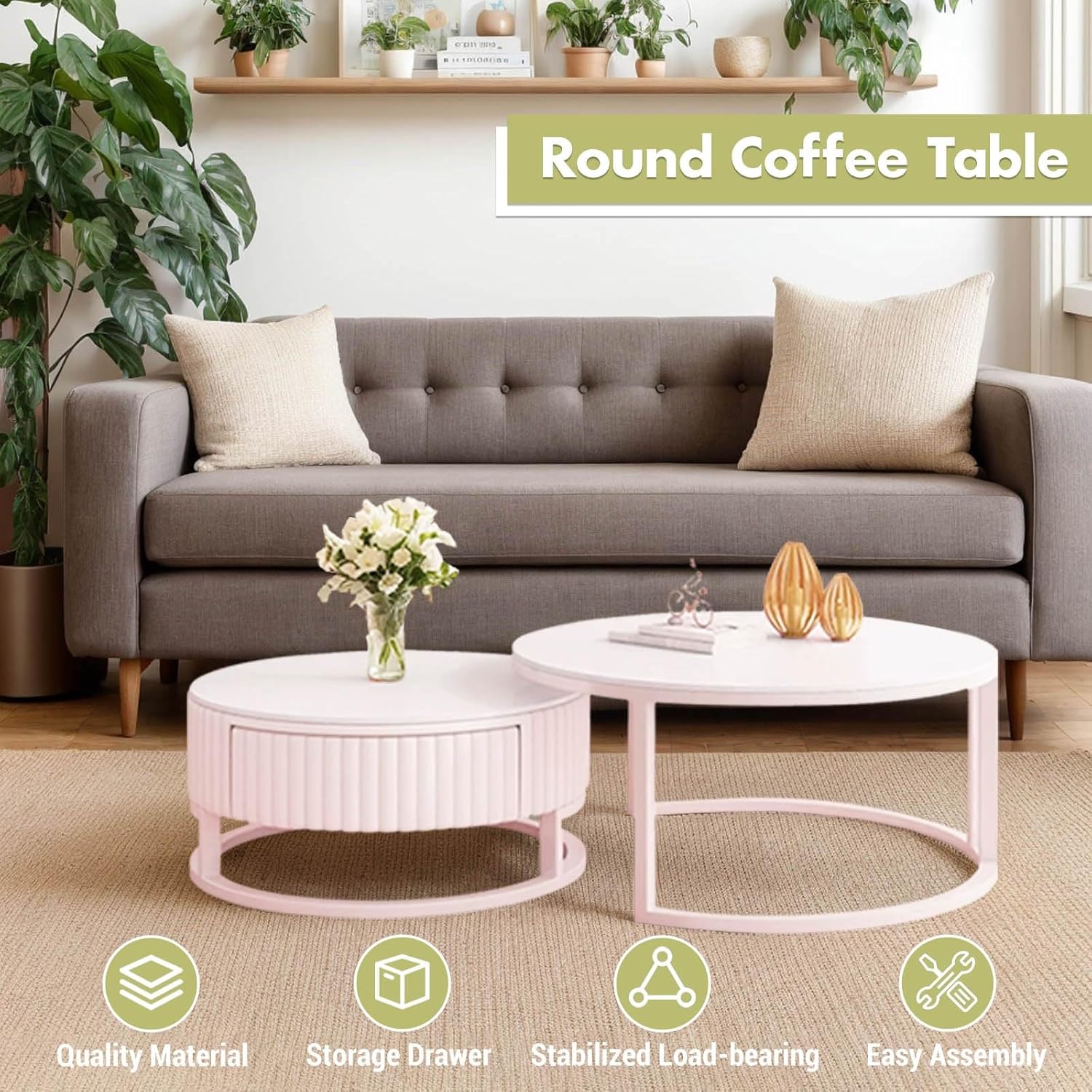 Runder Couchtisch Weiss 2er Set Marmor Couchtisch Rund Mit Stauraum 50+70cm Satztische Fürs Wohnzimmer Modern Couch Tisch Wohnzimmer Weiß Couchtische Holz Schublade Stabiler Metallrahmen