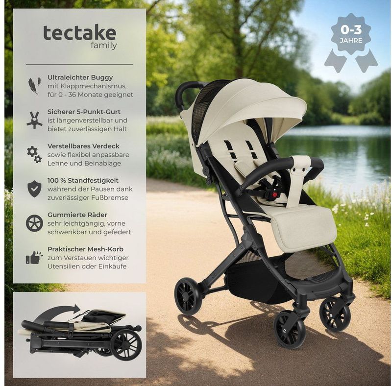 Tectake - Buggy-kinderwagen Finn - Grijs/Beige - Opvouwbaar - 5-puntsgordel
