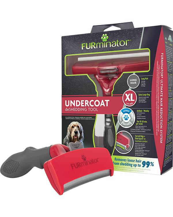 Ferramenta FURminator XL para remoção de pelos soltos em raças de cães gigantes de pelo comprido.