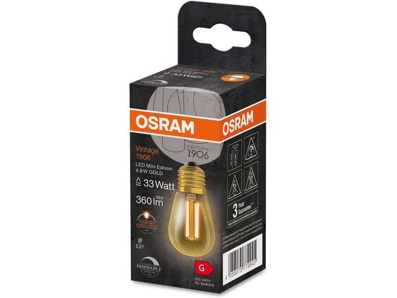 OSRAM Lampe Vintage 1906 Mini Edison ST45, 4.8W, E27, Warmw Dimmbare LED-Lampen, Vintage-Edition
