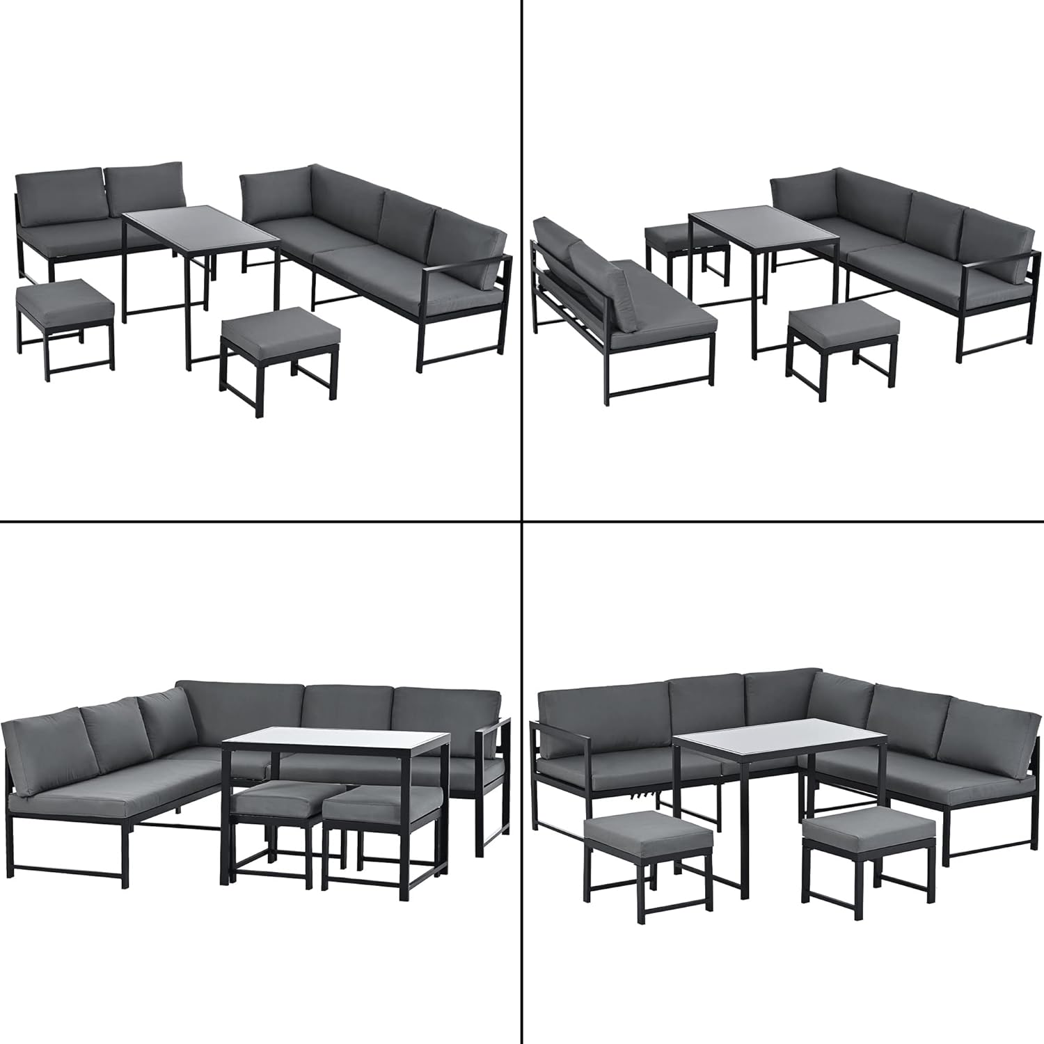 Merax Gartenlounge-Set 7 Sitzplätze, Garten-Freizeittisch- und Stuhlset,Aluminium Sitzgruppe für Garten Balkon, mit Vierter Gang verstellbare Rückenlehne, Tisch mit Sicherheitsglasplatte,Grau