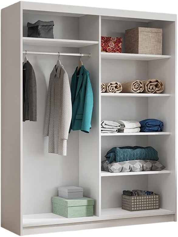 Margaret Hadas24 Kleiderschrank Dora mit Lamellen und Spiegel, Organizer, Mehrzweckschrank, Schwebetürenschrank, Garderobenschrank, Kleiderstange, Kleiderständer, Schrank, 100 cm weiß, braun