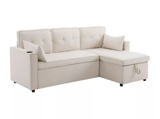 Canapé d'angle réversible convertible en coton et en lin, Méridienne avec rangement, porte-verres, 211x129.5x86cm, Beige
