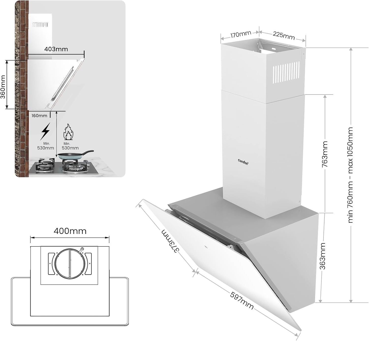 A+ Dunstabzugshaube 60cm CHK 3.6J64A1W Wandhaube aus gehärtetem Glas und Edelstahl mit Touchscreen, LED und Umluft- und Kanalsystem Wandmontierte Dunstabzugshaube, Weiß
