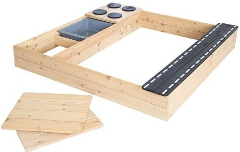 roba zandbak Street & Play van hout – ontwerp met weg, kookplaat, speelbak – grote zandbak met afdekkingen van weerbestendig hout – natuur/zwart