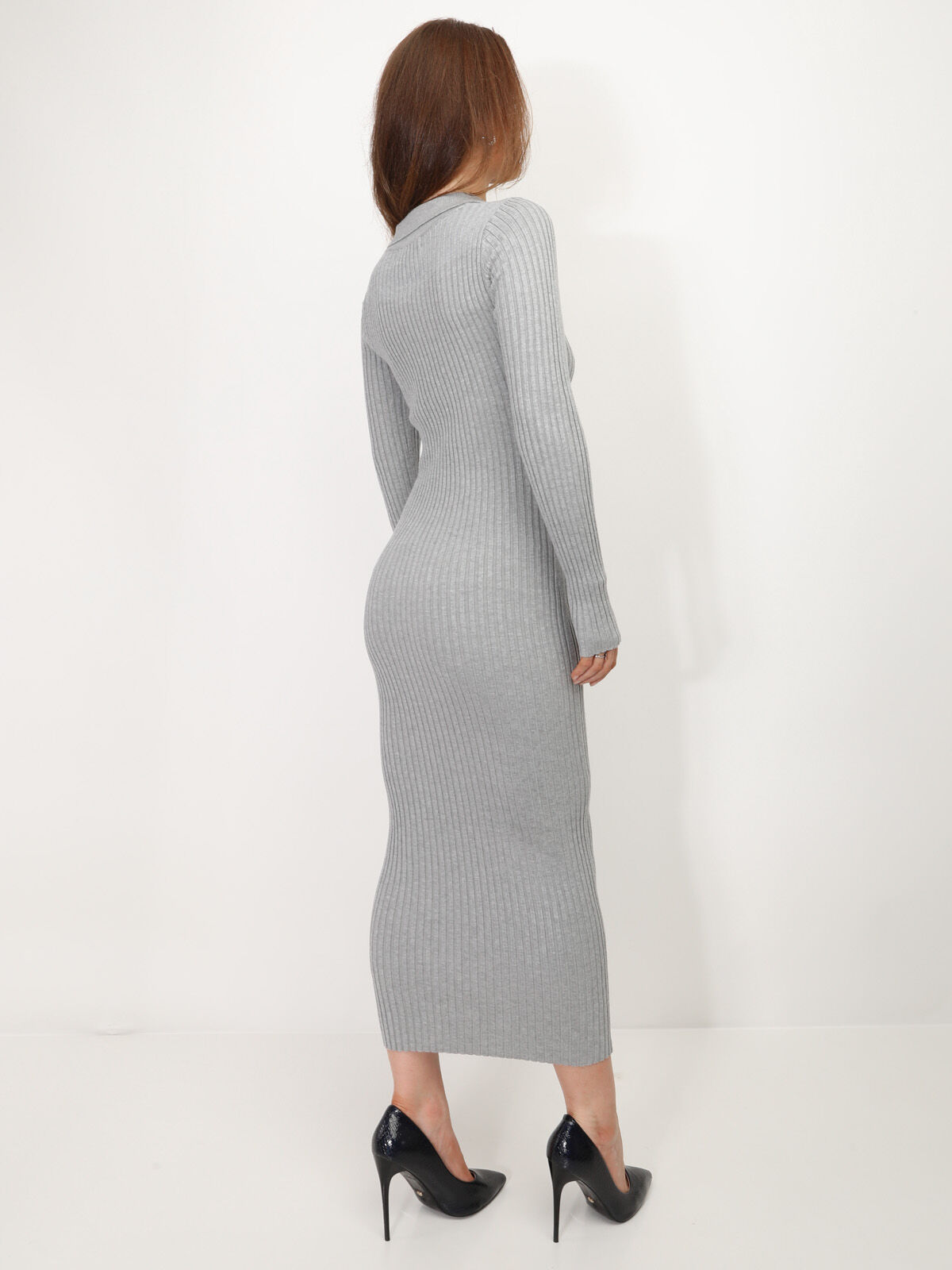 Robe pull longue à col chemise- Gris