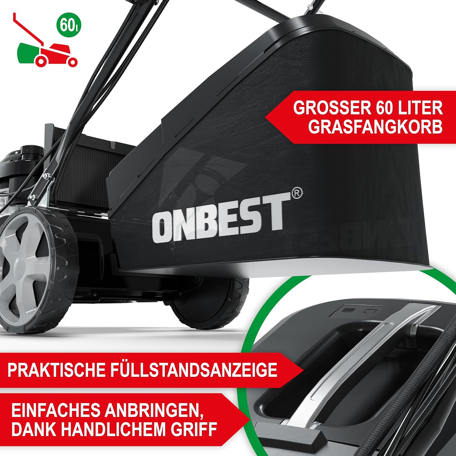 5IN1 Rasenmäher Benzin - 6,5 PS - mit 4 Klingenschneidsystem & Sograd – 4 Takt Motor – 196 cm³ Hubraum – 51 cm Schnittbreite – 60L Fangkorb – Radantrieb – Benzin Rasenmäher mit Seitenauswurf