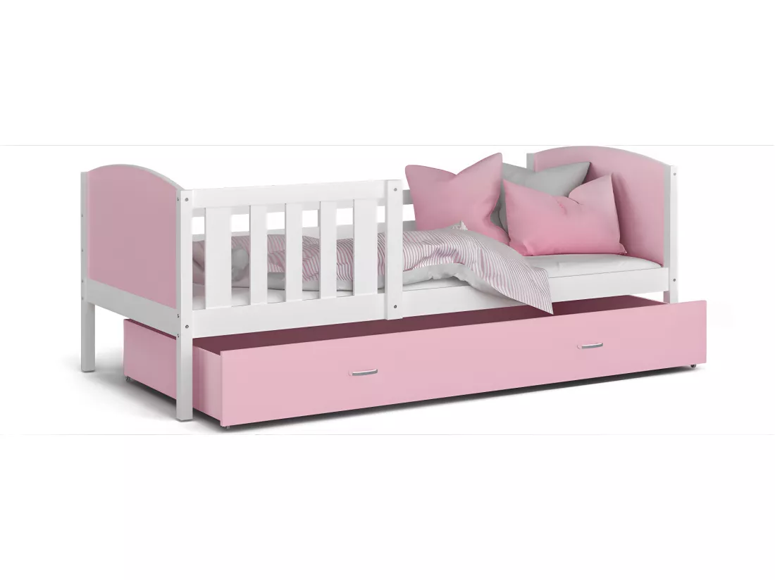 Lit Enfant Tami 90x190 ( Sans Matelas ) Blanc - rose Livré avec le sommiers et tiroir.