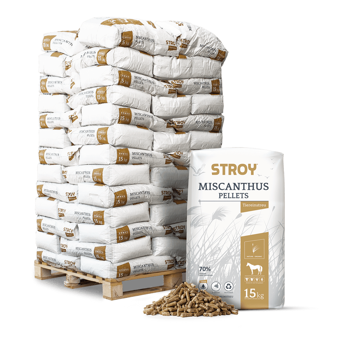 STROY Miscanthus Pellets Bedding 15kg x 65 Zakken 975kg Pallet Bedding Pellet Bedding Miscanthus