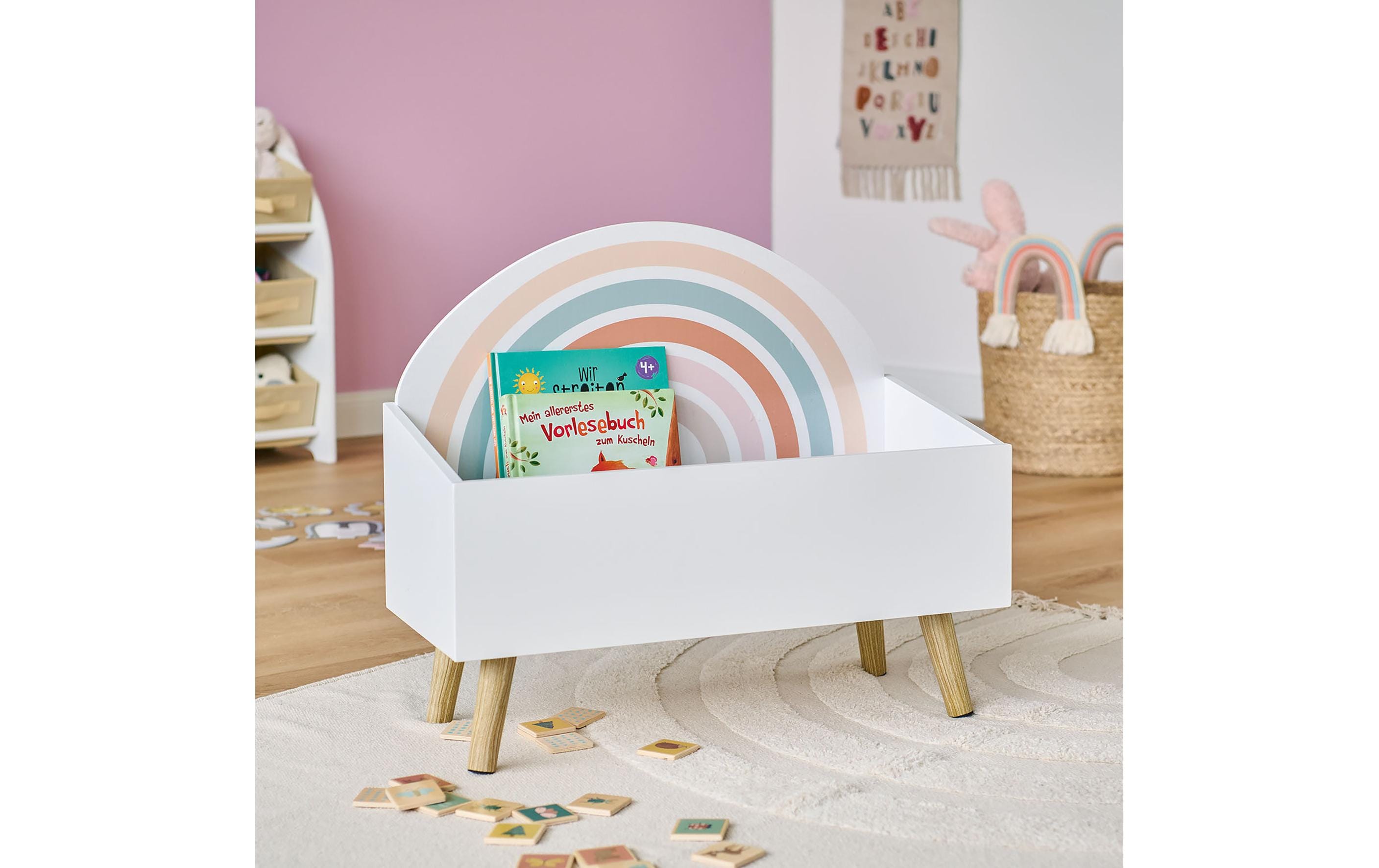 Kinder-Aufbewahrungstruhe Rainbow 58 x 28 x 52 cmSpielzeugkiste mit Rückwand im Regenbogen-Design