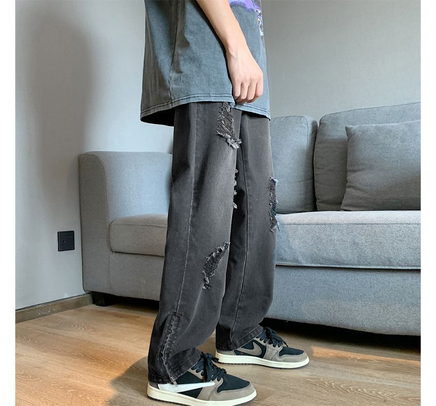 ROOSE - Mid Rise Washed Distressed Wide Leg Jeans