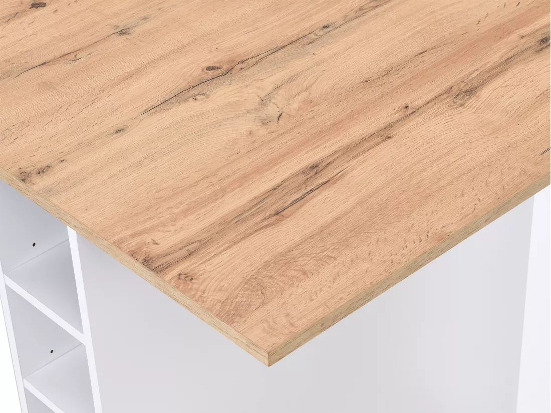 Ilot central de cuisine avec 6 tiroirs et 4 niches en MDF - Naturel clair et Blanc - POMARELA