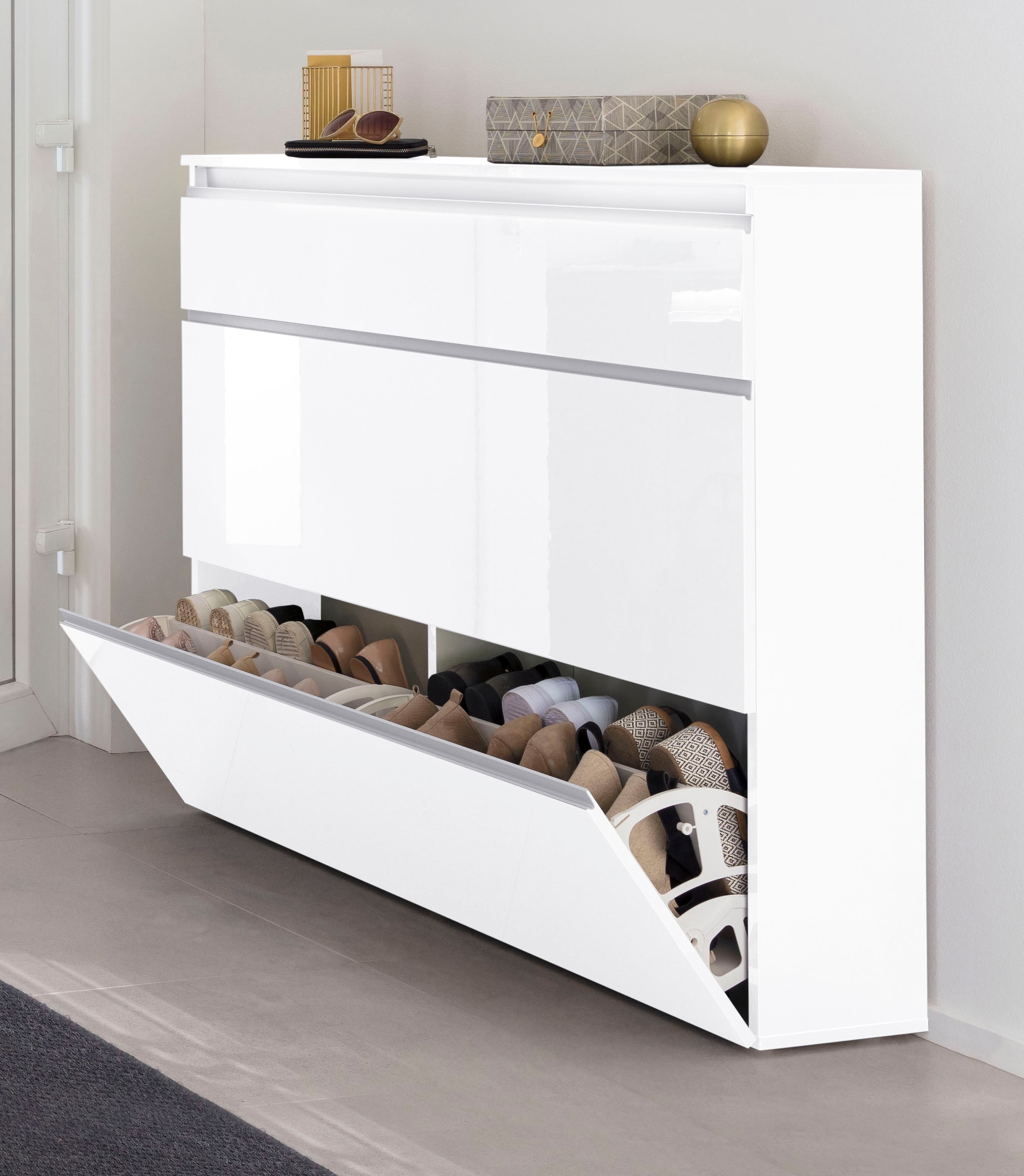 INOSIGN Schuhschrank »Magic Schuhschrank, Schuhkommode, Schuhregal, softgriff« 3 Klappen,Doppelschuhtrommeln,hochglanz lackiert oder matt,Breite 120