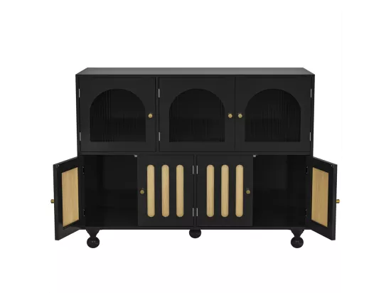 Buffet de salle à manger moderne noir avec portes en verre Longhorn, portes à clé piano, pieds cylindriques