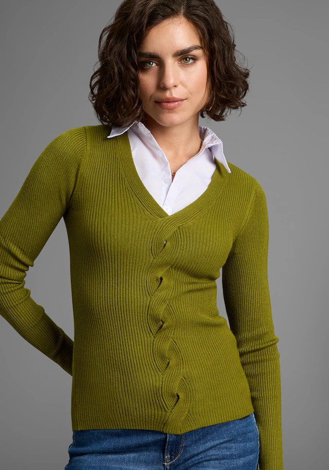 Laura Scott V-Ausschnitt-Pullover , Feinstrickpullover mit spannendem Zopfmuster