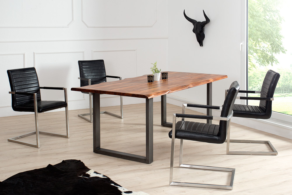 Industrial Freischwinger Stuhl LOFT antik schwarz Kunstleder mit Armlehne Edelstahl