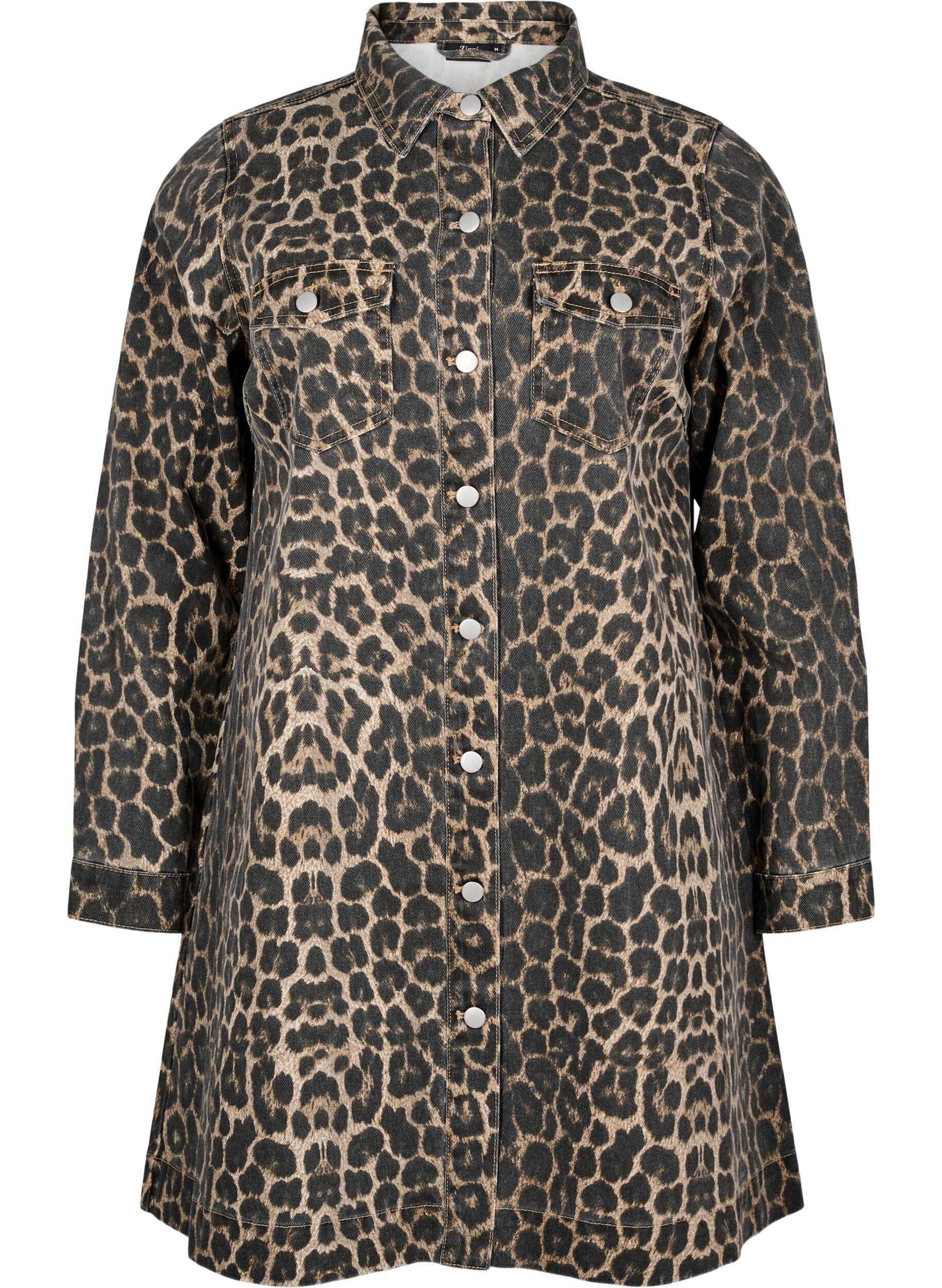 Langærmet denimkjole med leopardprint