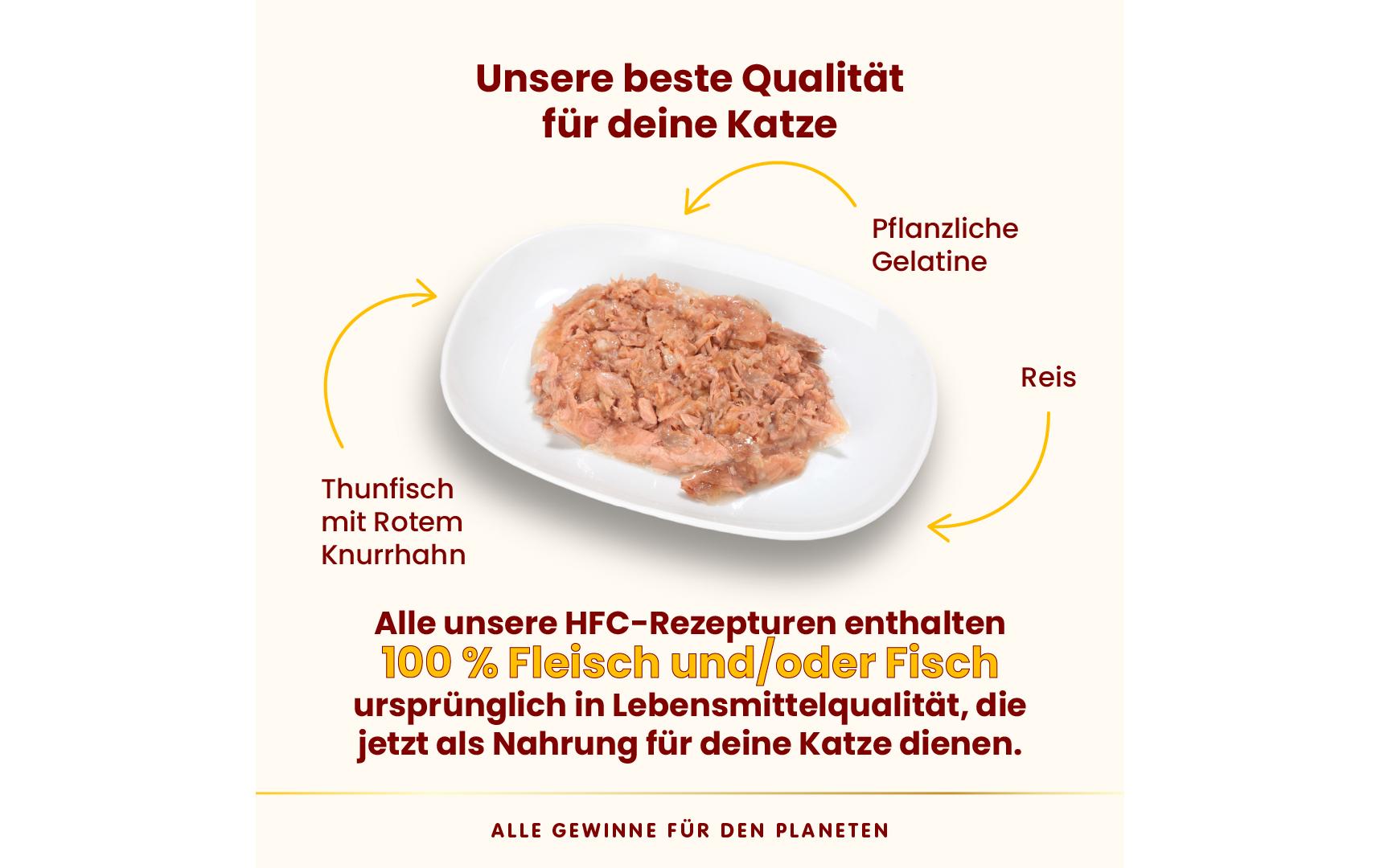 Nassfutter HFC Jelly Thunfisch mit Roter KnurrhahnNassfutter mit Thunfisch und rotem Knurrhahn, unterstützt die Beseitigung von Haarballen und ist ideal für heisse Tage