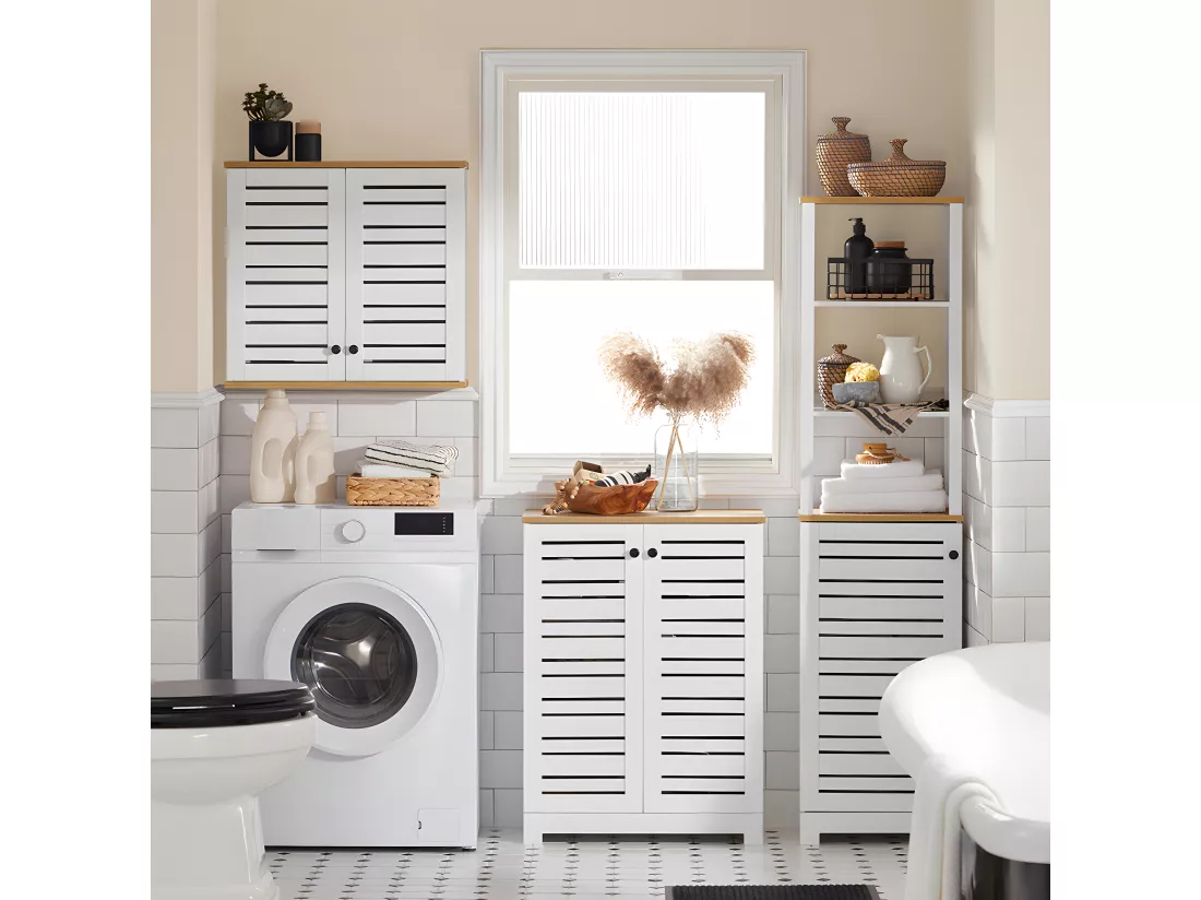 Meuble Bas Placard De Rangement Armoire Meuble De Salle De Bain Avec 2 Portes Persiennes, BZr41-w