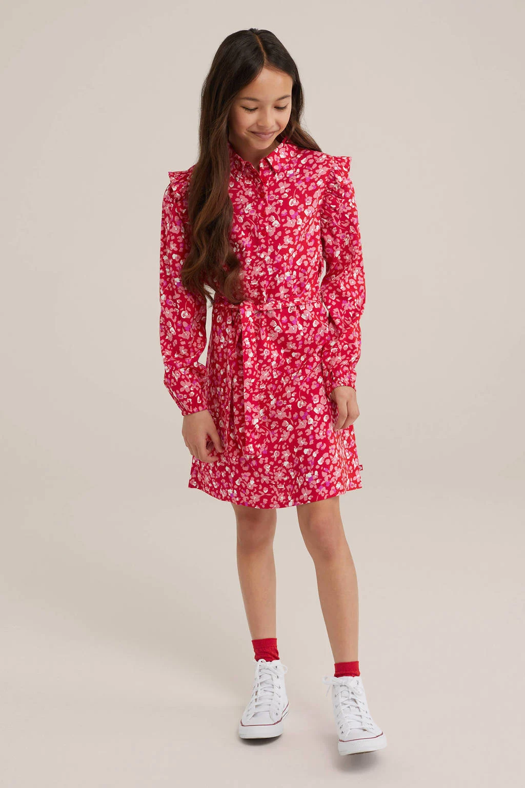 WE Fashion jurk met all over print en ruches rood/roze