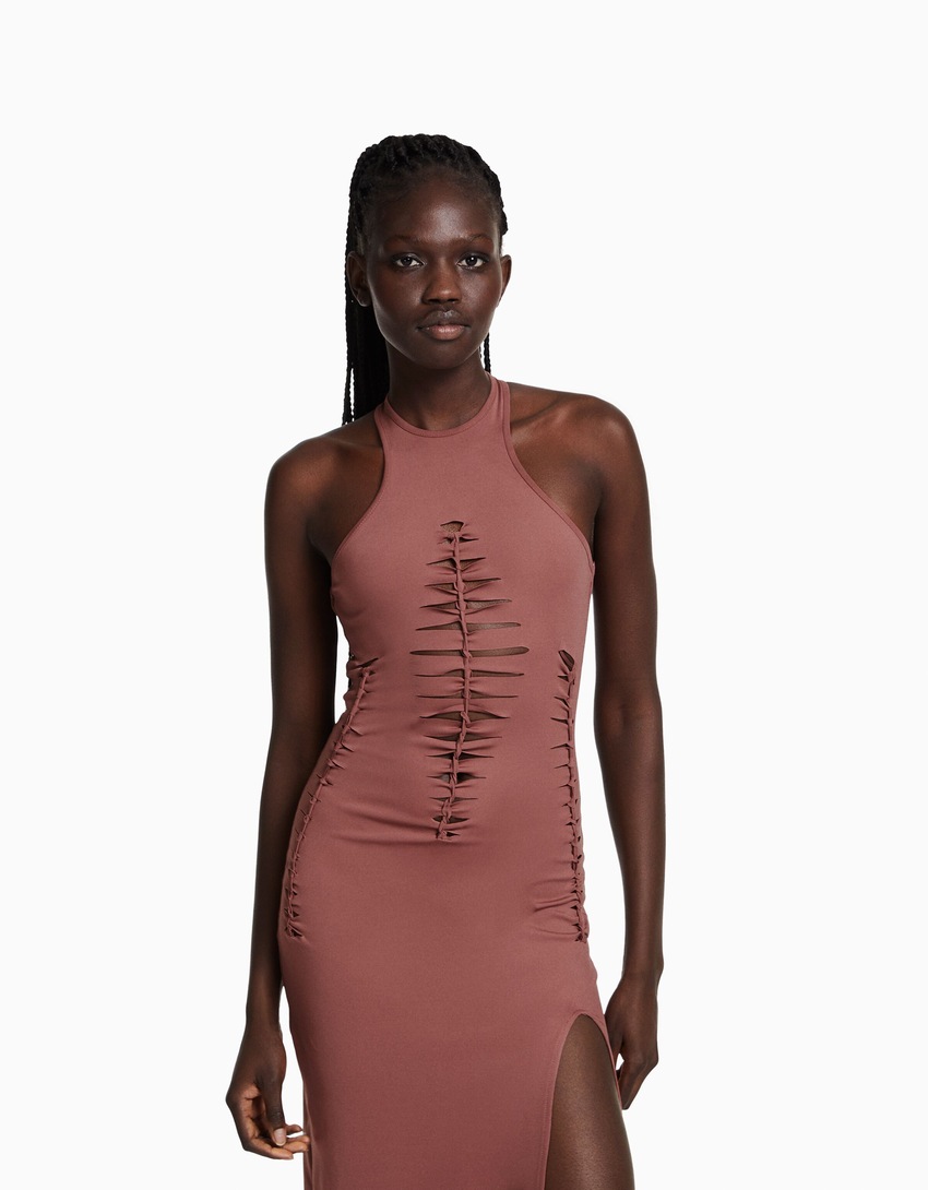 Vestido midi sem mangas com recortes a laser