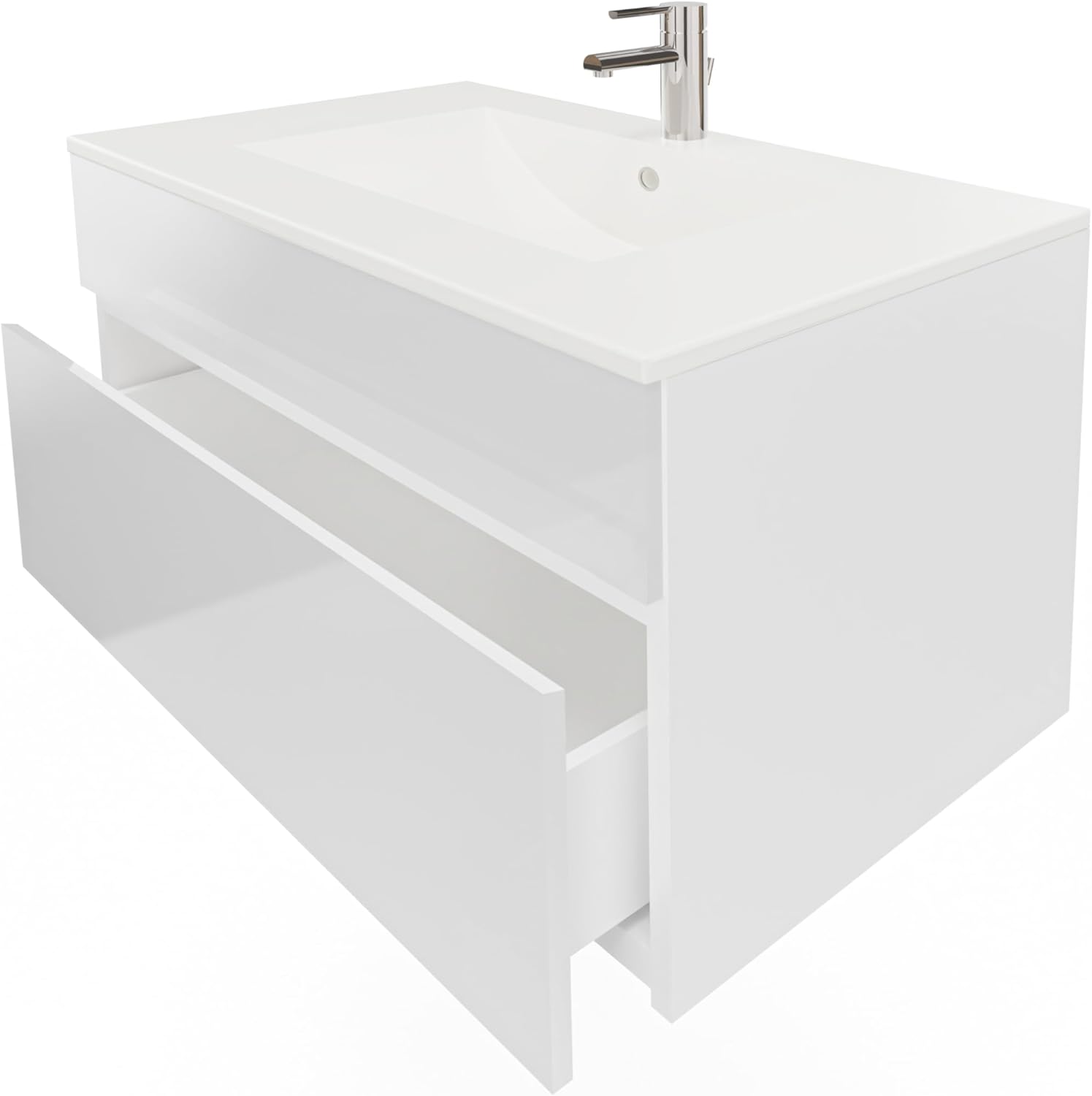 Stella Waschtischunterschrank – Hängend | Weiß | Weiß Hochglanz | 81,2 × 46,5 × 50 cm | Moderner Waschbeckenunterschrank mit Keramikwaschbecken | Waschbecken mit Unterschrank