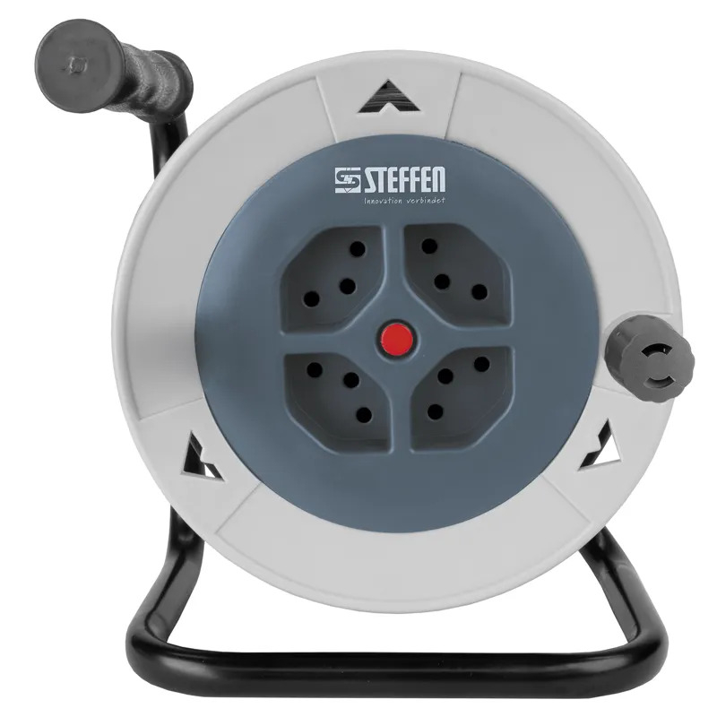 (15m) Kabelbox Kabelrolle Kabeltrommel mit 4-Fach Steckdosenleiste und Thermoschutzschalter (50 00134) - Grau / Blau