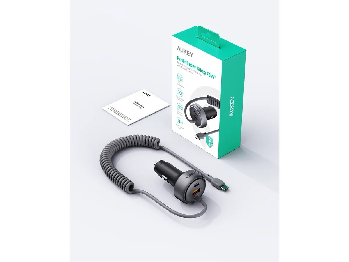 (75W) Pathfinder Sling USB C / USB A Auto KFZ Ladegerät Car Charger für Zigarettenanzünder mit USB C Spiral Ladekabel (CC-P2) - Silber