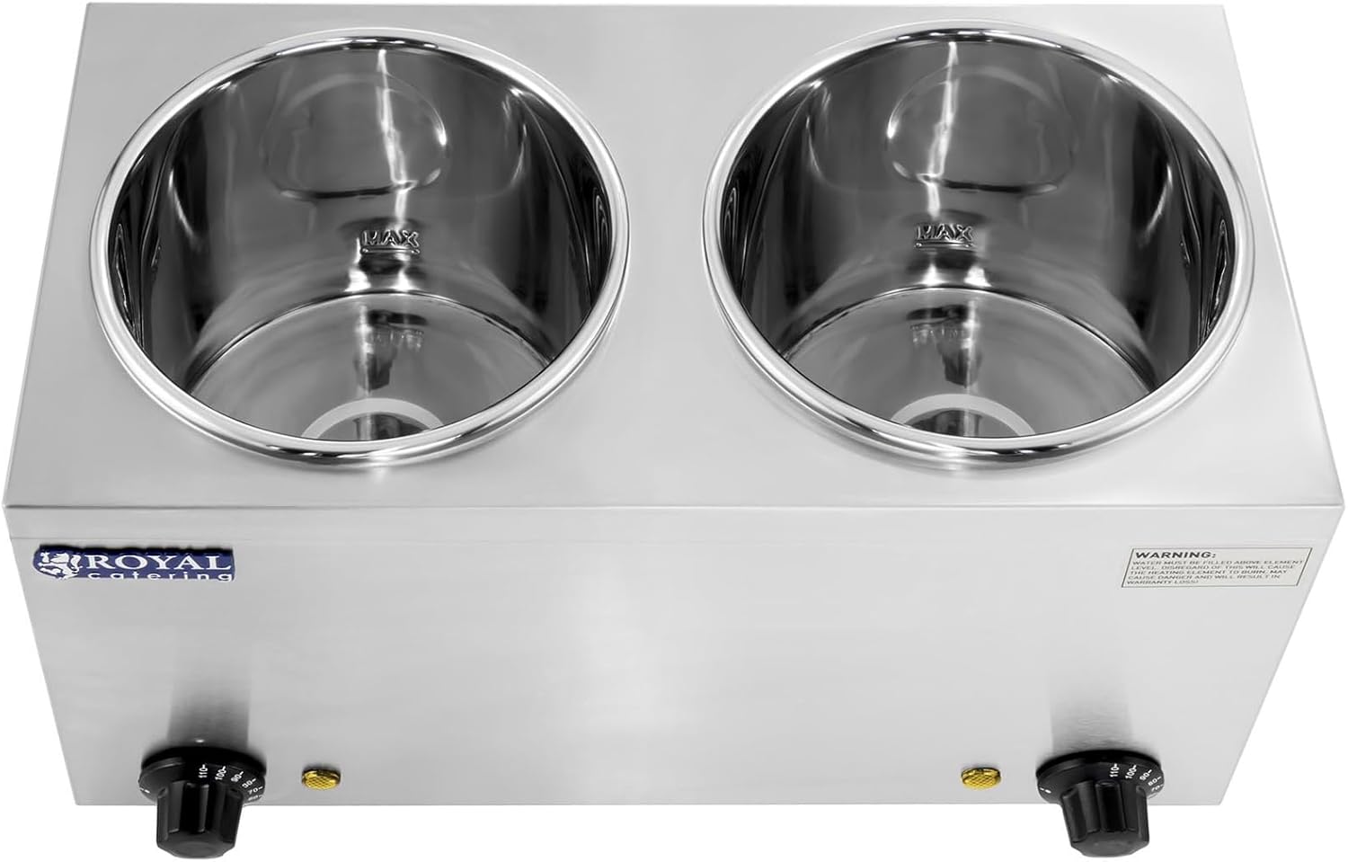 Royal Catering - RCBM-2/4R - Bain Marie Suppenstation Hotpot mit Ablasshahn Chafing Dish (2 x 2,75 L, 30-110 °C, 2 x 150 W, Inklusive 2 Deckel)