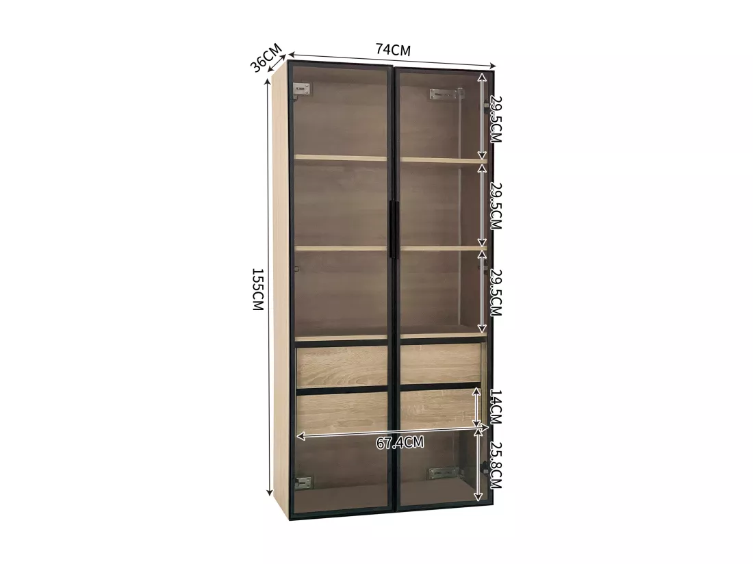 Meuble de salle de bain avec LEDs - 74 x 36 x 155 cm - 2 grands tiroirs et 2 portes vitrées - bois MDF - naturel