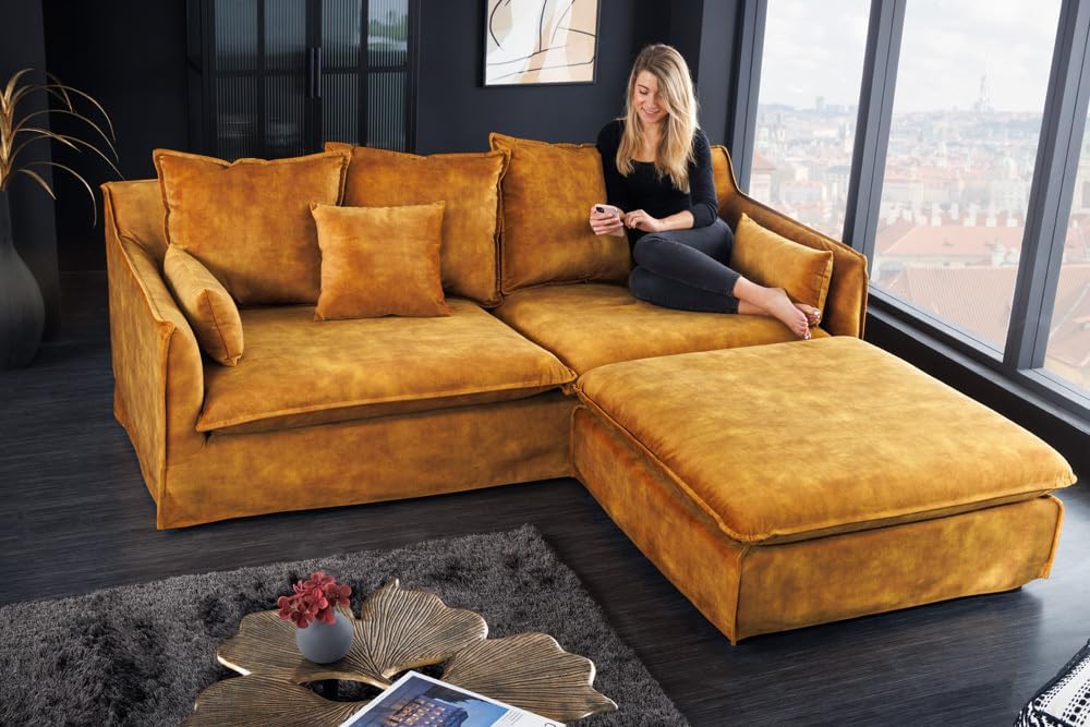 Riess Ambiente Großes 3er Sofa Heaven 200cm senfgelb Samt waschbarer Bezug Hussensofa Couch