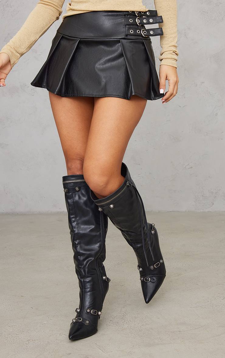 Noir Jupe Plissée Micro Mini En Synthétiquecuir Petite