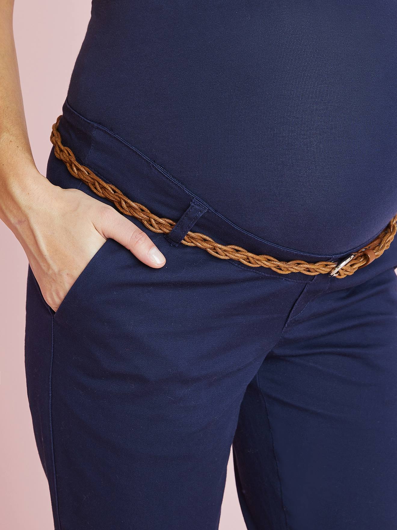 Calça chino para gestante, comprimento da perna 82 cm, azul escuro liso com estampas.