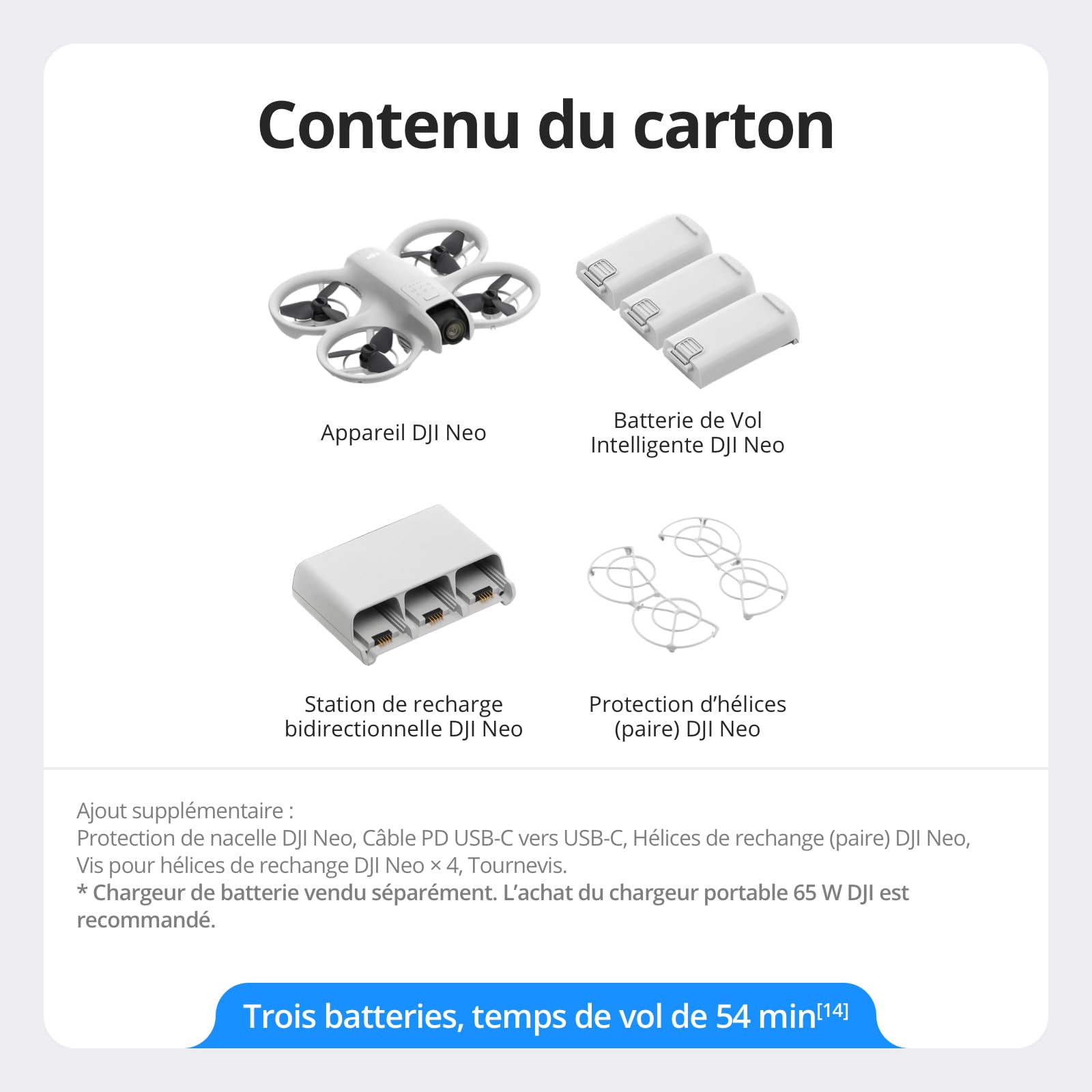 Bundle Trois Batteries DJI Neo, Mini Drone avec Caméra 4K UHD pour Adultes, Drone Suiveur qui Vole Seul de 135 g, Décollage du Creux de la Main, Suivi