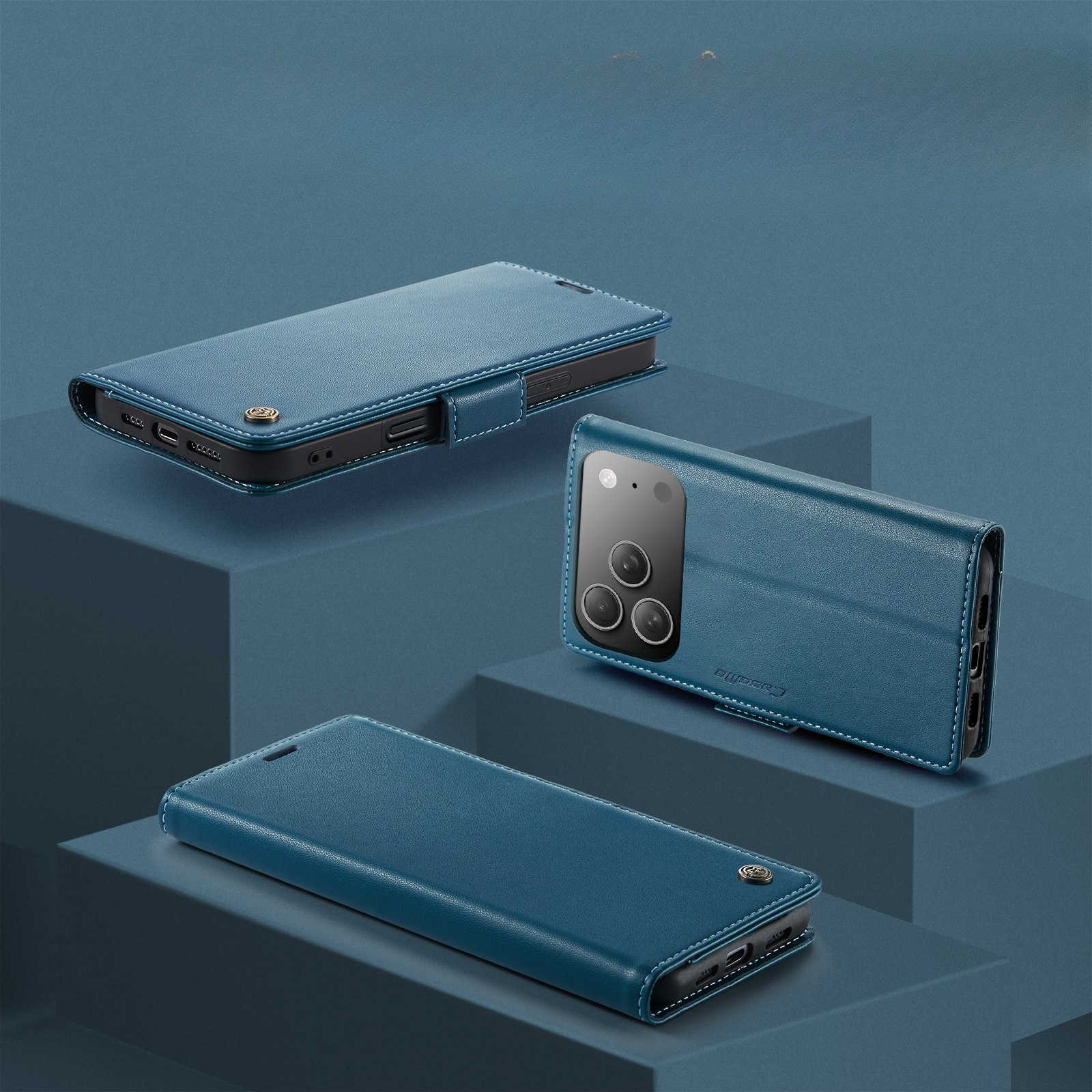iPhone 17 Pro Leder Tasche Flip Wallet Etui mit Kartenfächern Litchi Look (RFID Schutz) - Blaugrün