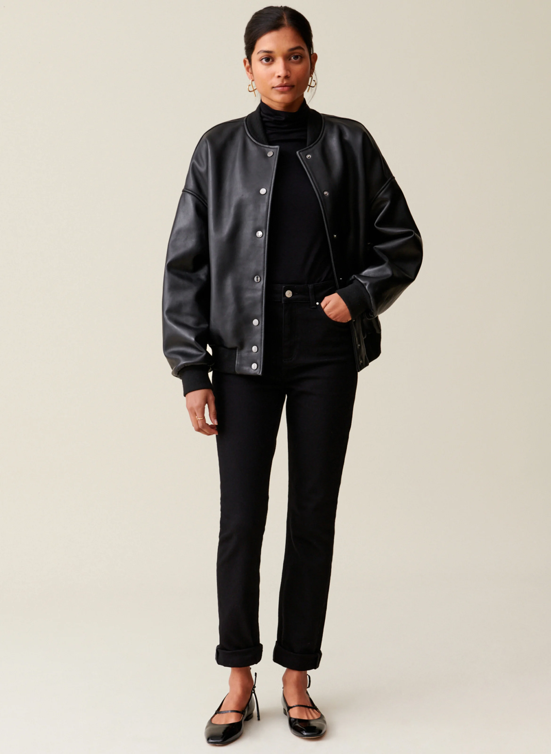 Blouson oversize col teddy en cuir | Noir