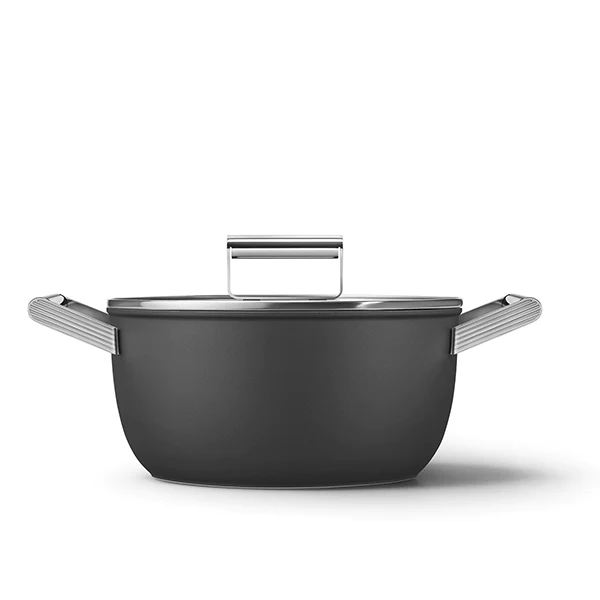 Faitout bas aluminium antiadhésif 24 cm noir mat avec couvercle en ver